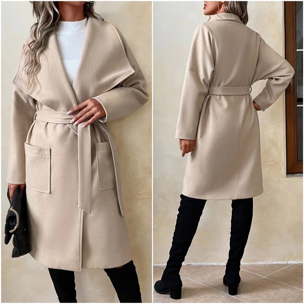 Classic Wide Collar Pocket Belted Jacket Coat - Picture 2 of 3